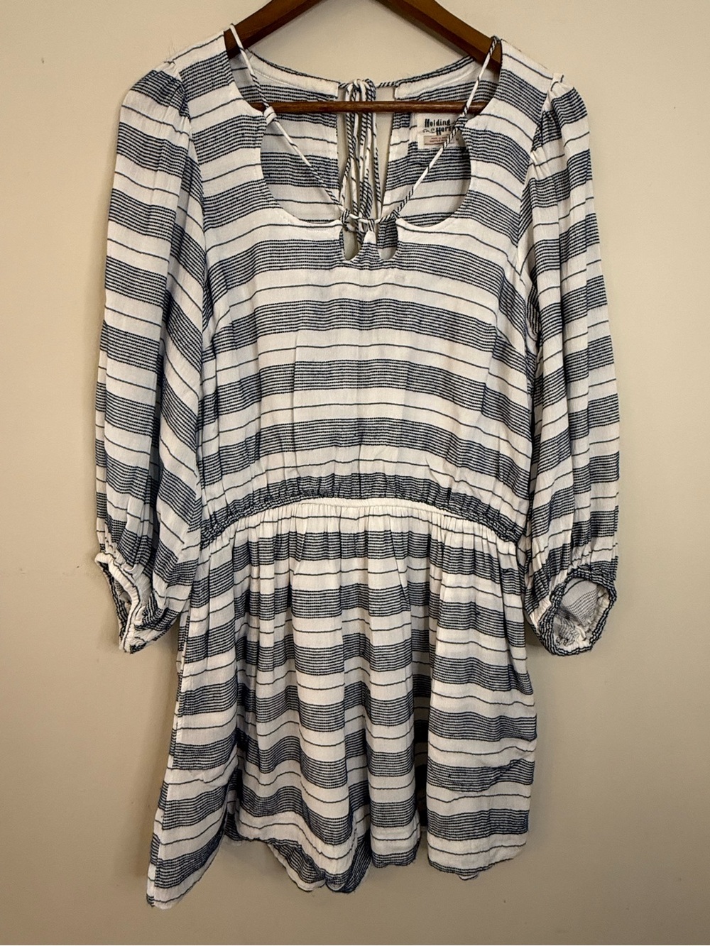 Holding Horses boho blue white striped lined romper pockets M